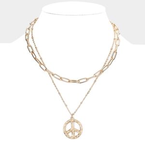Gold Peace Sign Charm Pendant Necklace Double Layered Statement Link Chain